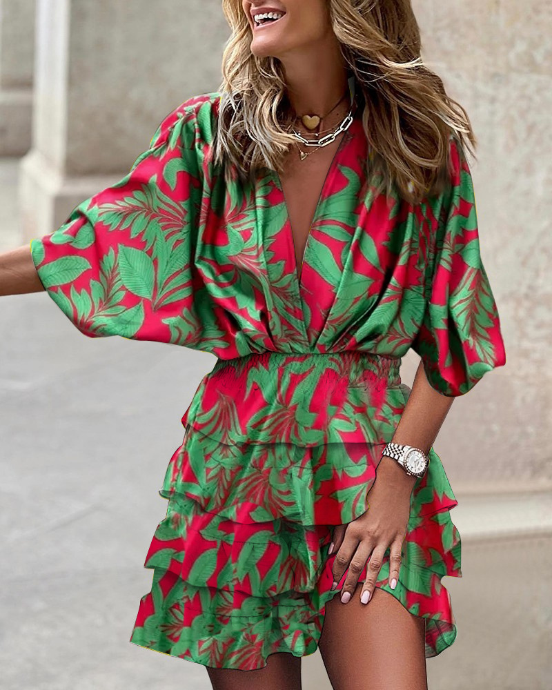 Robe de Sport pour femmes, col en v, manches chauve-souris amples, taille élastique, imprimée, Mini robes décontractées à ourlet à volants