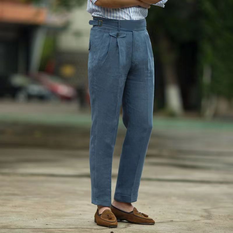 Pantalon en lin Gurkha de style britannique pour hommes, taille haute, droit, longueur de rinçage, printemps, été, haute qualité, mince, décontracté, surintendant