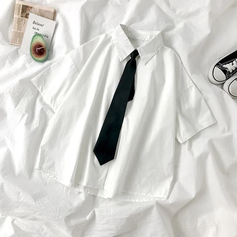 Chemisier blanc pour femme à manches courtes et col à revers avec nœud, style japonais, pour étudiante, été, quotidien, style universitaire