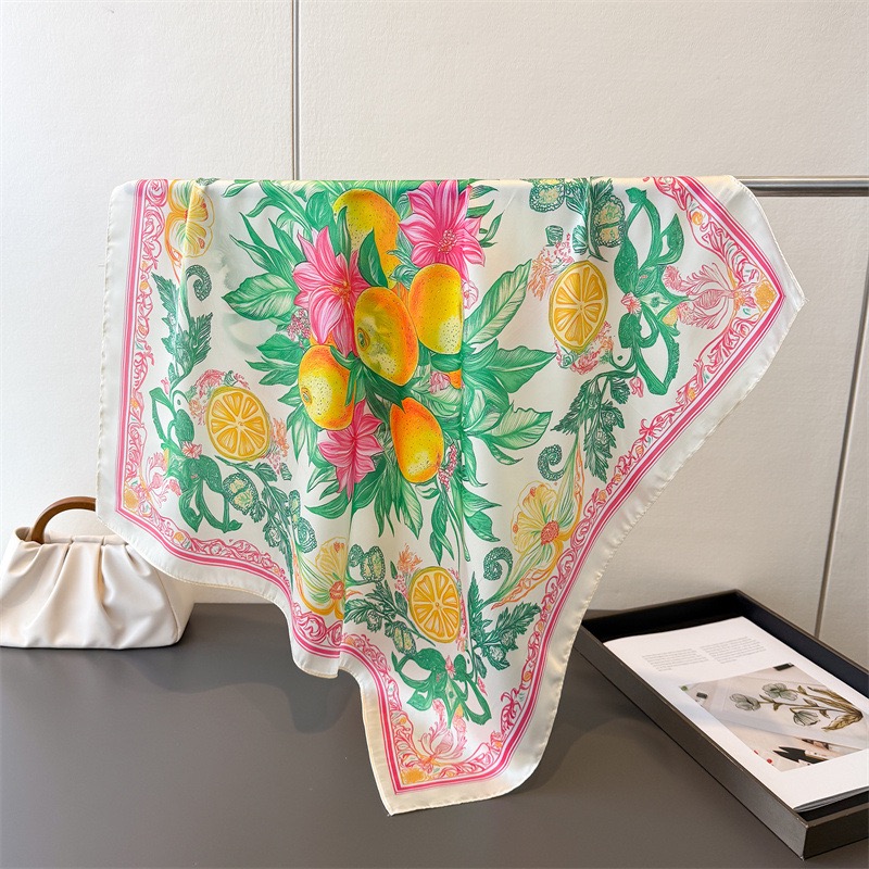 Foulard carré de luxe en soie pour femmes, style bohème, arbre à citron, imprimé Floral, châle, accessoire de mode, cravate pour cheveux, Bandana Hijab, 70x70cm
