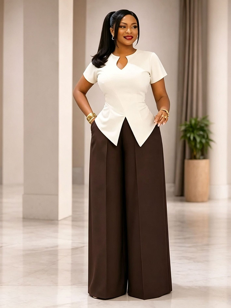 Ensemble élégant 2 pièces pour femme style africain : haut ajusté et pantalon large – Tenue professionnelle estivale pour femme – Ensembles assortis pour le quotidien