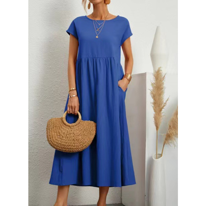 Robes pour femmes en coton et lin, mi-longues, décontractées, à manches courtes, coupe ample, style A-line, avec poches, couleur unie, robe longue oversize