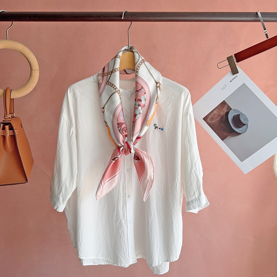 Écharpe de luxe en soie blanche et rose 100% soie pour femme, bandana 90 cm en soie sergée, châles et foulards pour la tête, écharpes de cou, hijab, pour l'extérieur