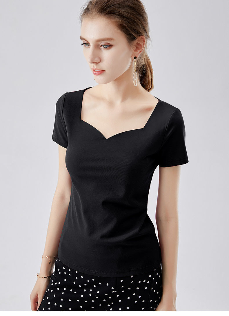 T-shirt à manches courtes pour femme, nouveau style rétro, col carré, coupe ajustée, style étranger, polyvalent, tendance