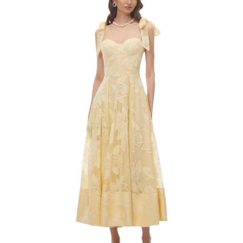Robe de soirée élégante brodée dos nu, taille haute, jupe trapèze longue, style raffiné, avec nœud papillon, pour femme, modèle transfrontalier