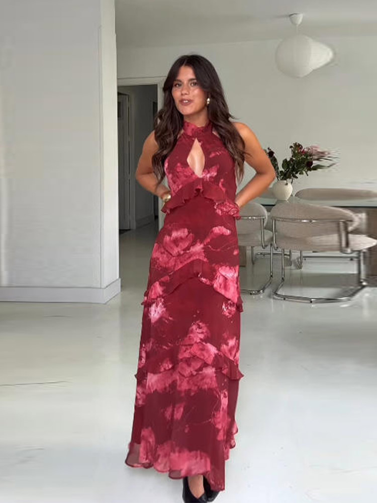 Robe Sexy Imprimée à Volants pour Femme, Col Halter, Découpes, Sans Manches, Dos Nu, Coupe Droite, Robes de Plage pour Vacances d'Été 2026