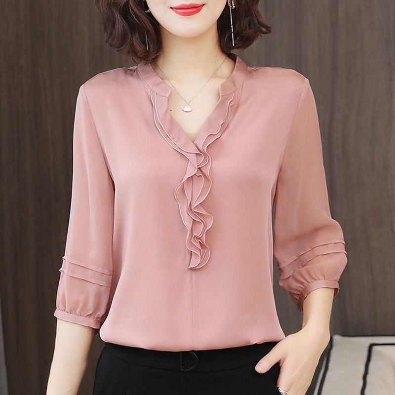 Chemise printemps et été pour femmes, manches trois-quarts, col en v, ample et ajustée, haut à volants, DF3732