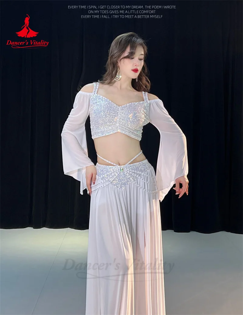 Ensemble de costumes de danse du ventre pour femmes, haut à manches longues en maille + jupe longue en gaze, ensemble d'entraînement 2 pièces, tenue de danse du ventre orientale
