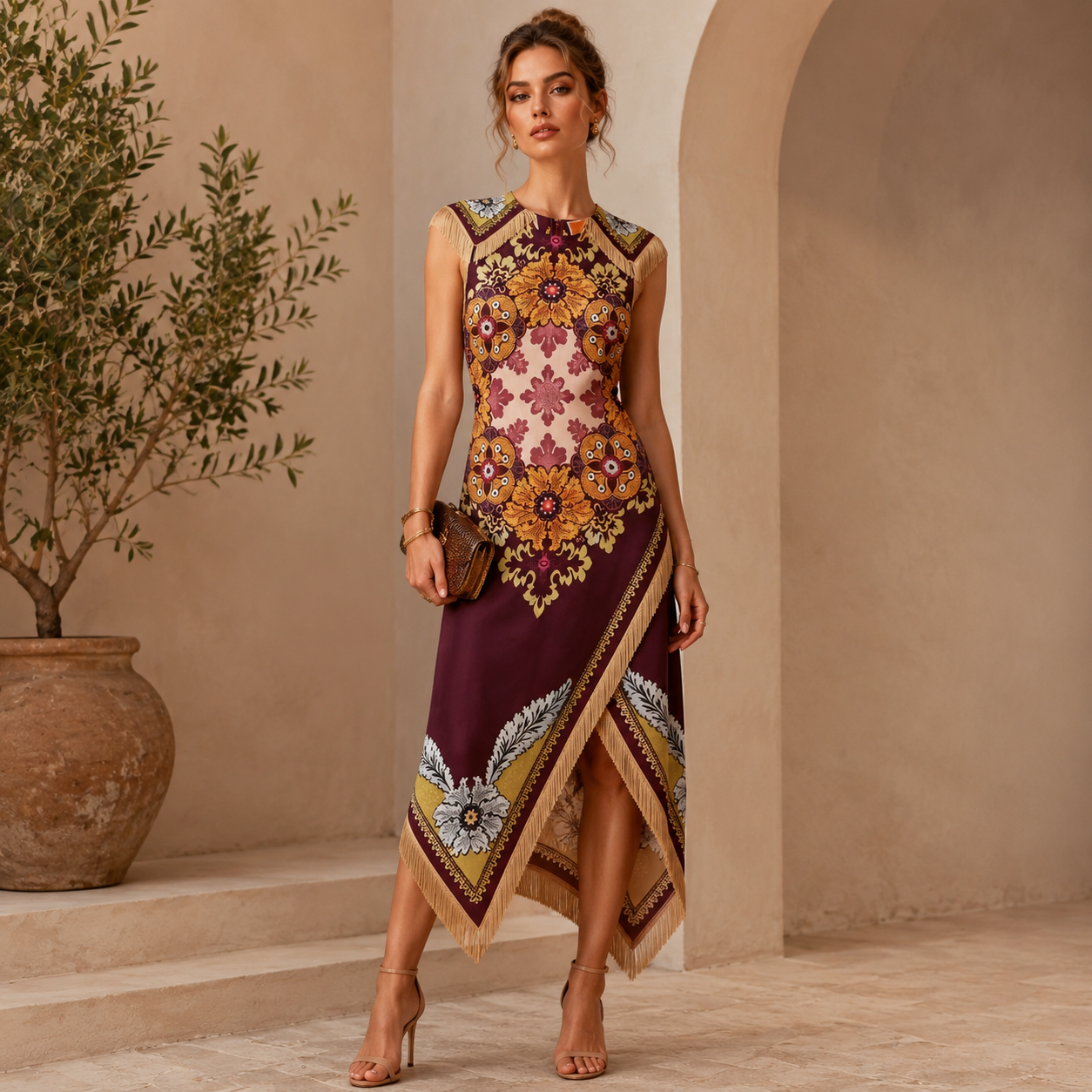 Robe midi vintage bohème imprimée pour femme, élégante, florale, sans manches, style cache-cœur, avec ourlet asymétrique à franges, idéale pour l'été