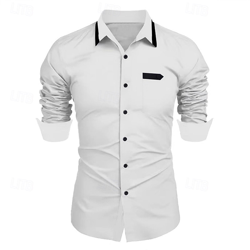 Chemise à manches longues à revers imbibé de boutons pour hommes, chemise d'affaires décontractée, matériau doux et confortable, bleu simple, blanc, rose