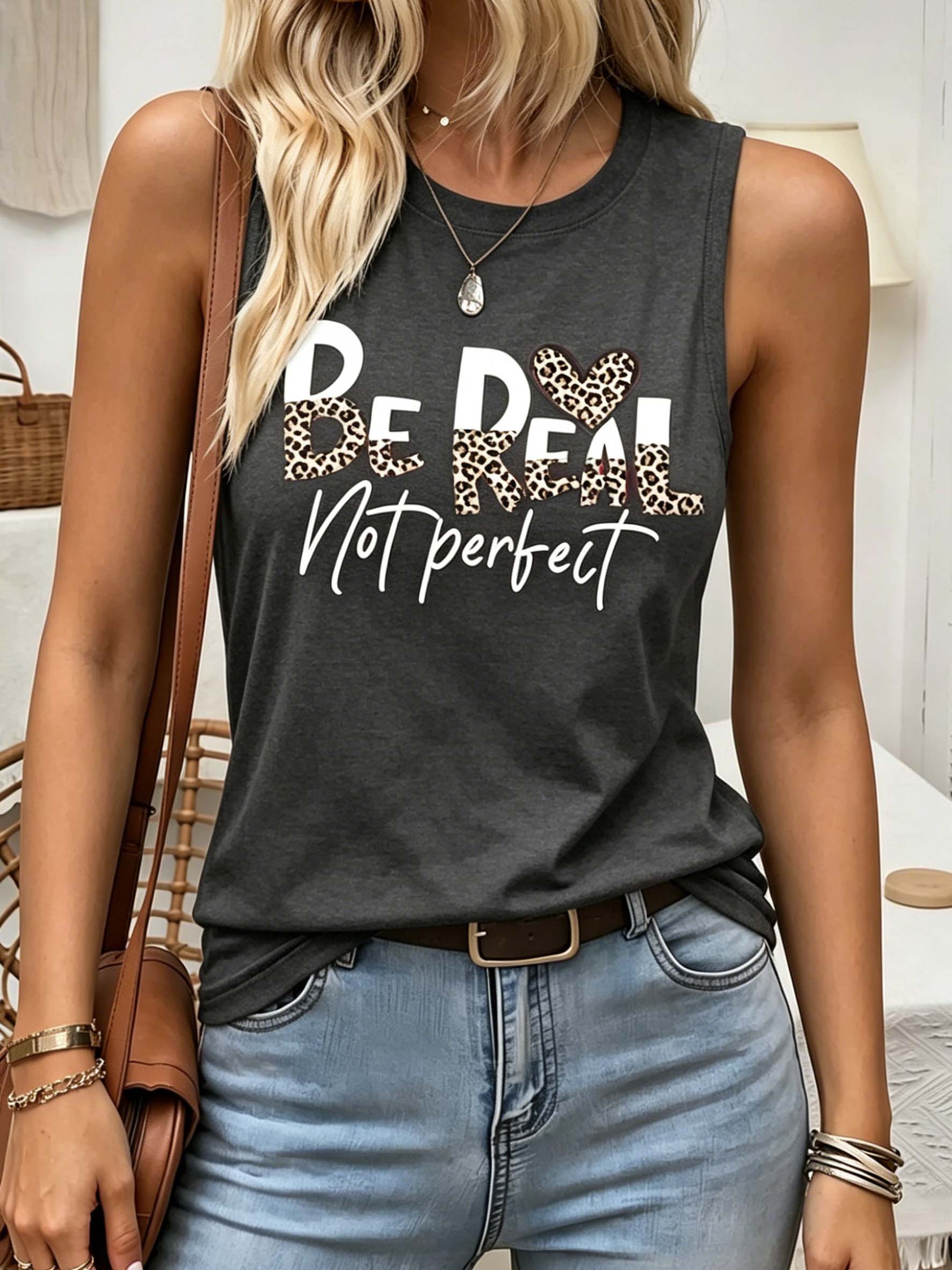 Haut sans manches à imprimé léopard et lettres pour femme, idéal pour la maison, le shopping quotidien et les trajets, à porter en sous-vêtement.