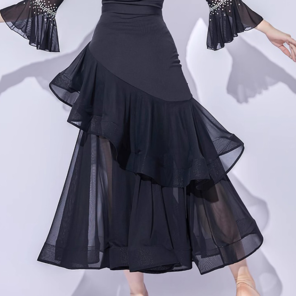 Jupe de danse de salon rouge, jupe de danse moderne noire à volants, nouvelle robe de danse moderne, jupe d'entraînement, robe de scène pour femme