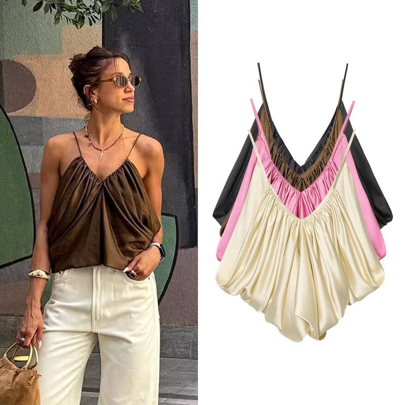 Hauts à bretelles en Satin plissé pour femmes, haut sans manches, col en v, Sexy, Chic, été