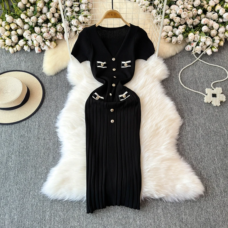 Robe longue élégante pour femmes, col en V, simple boutonnage, manches courtes, tambour, robes con, mode, fête, bureau, dame, éducatif, été