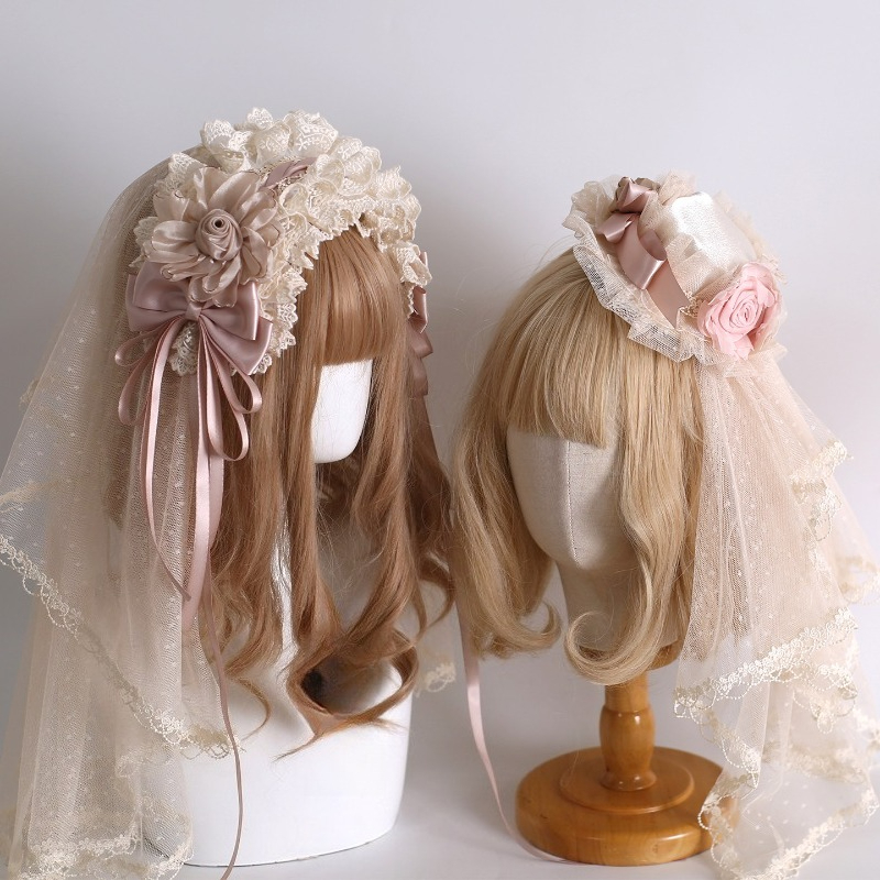 Accessoires capillaires Lolita faits main Original Light Shadow : Pince à cheveux, Boule de fleurs colorée, Nœud, Voile de cheveux en dentelle couleur champagne