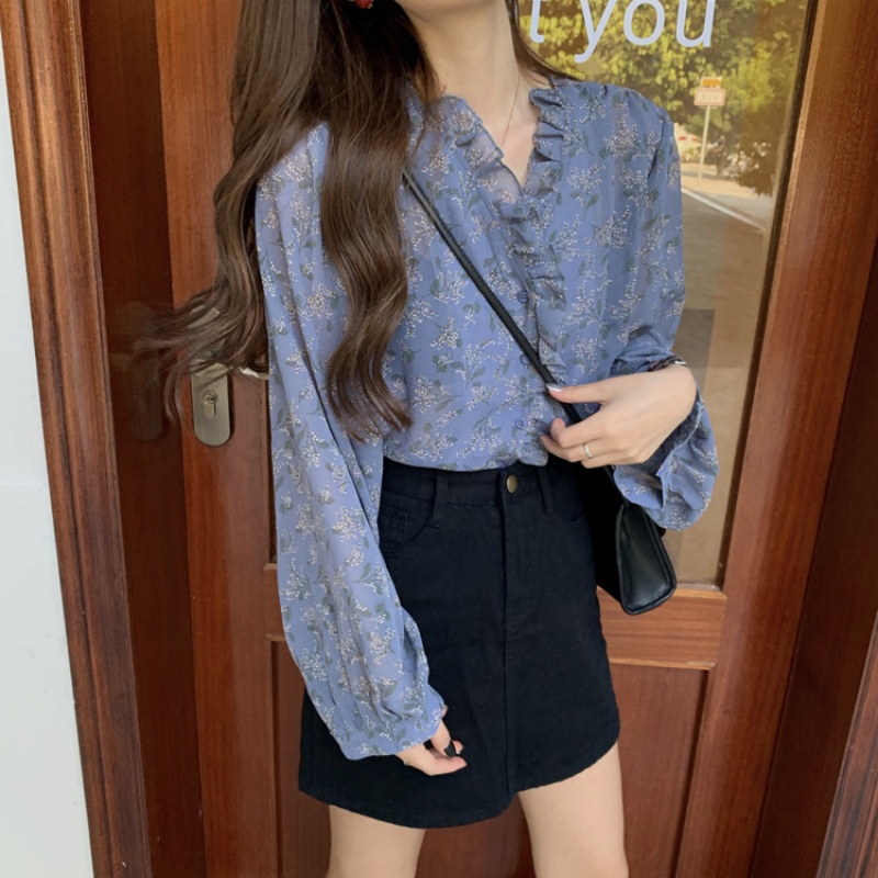Chemisier en mousseline de soie imprimé floral à manches longues pour femmes, chemise à col en V, vintage, dame de bureau, EATIONS, fourmi, décontracté, mode, 2024