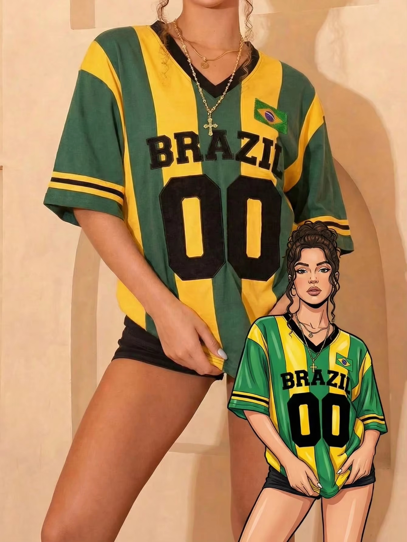 T-shirt ample à col en V imprimé rayé vert et jaune style Y2K Brésilien, streetwear sportif et élégant pour femme