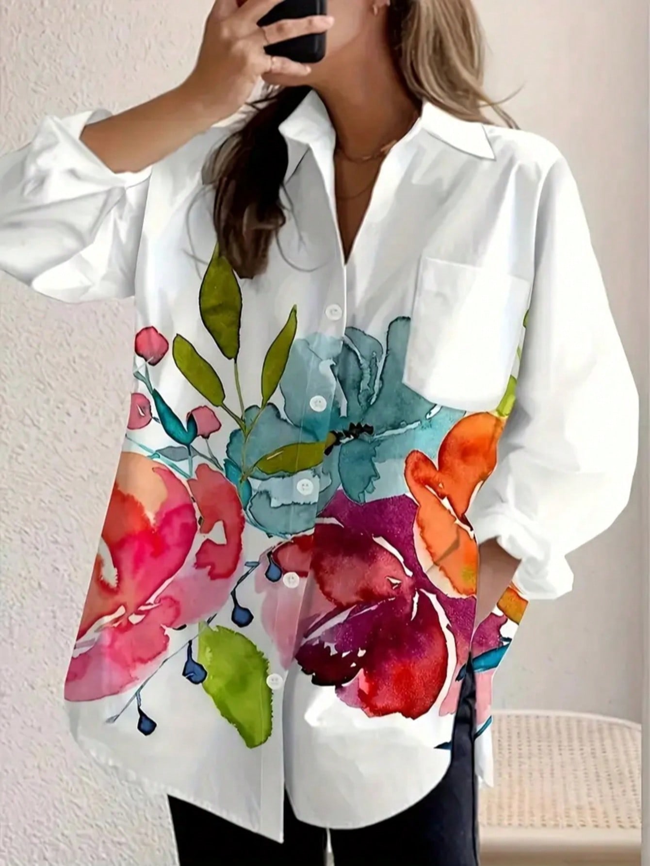 Grande taille femmes mode printemps automne imprimé fleuri poche à manches longues chemise décontractée revers simple boutonnage chemisier ample chemise