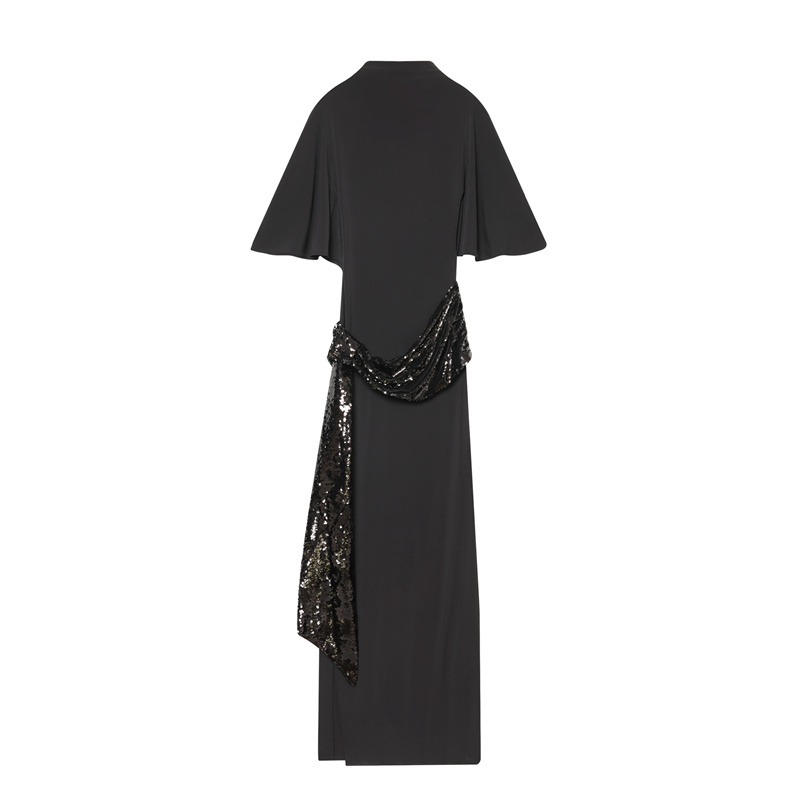 Robe femme 2025 hiver nouvelle ceinture noire à manches courtes décorée de paillettes robe mi-longue élégante et élégante