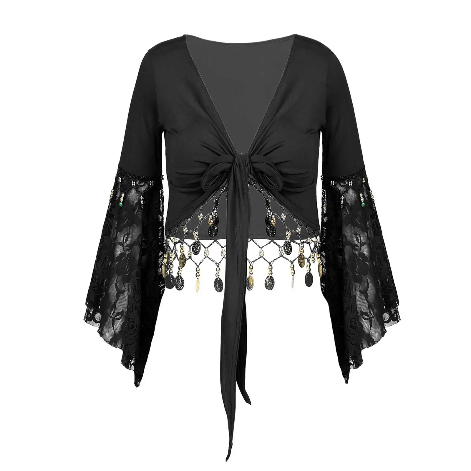 Veste courte boléro pour femmes, Costume de danse du ventre, manches évasées, châle à nœud, Cardigan, perles scintillantes, pompon, haut de danse du ventre