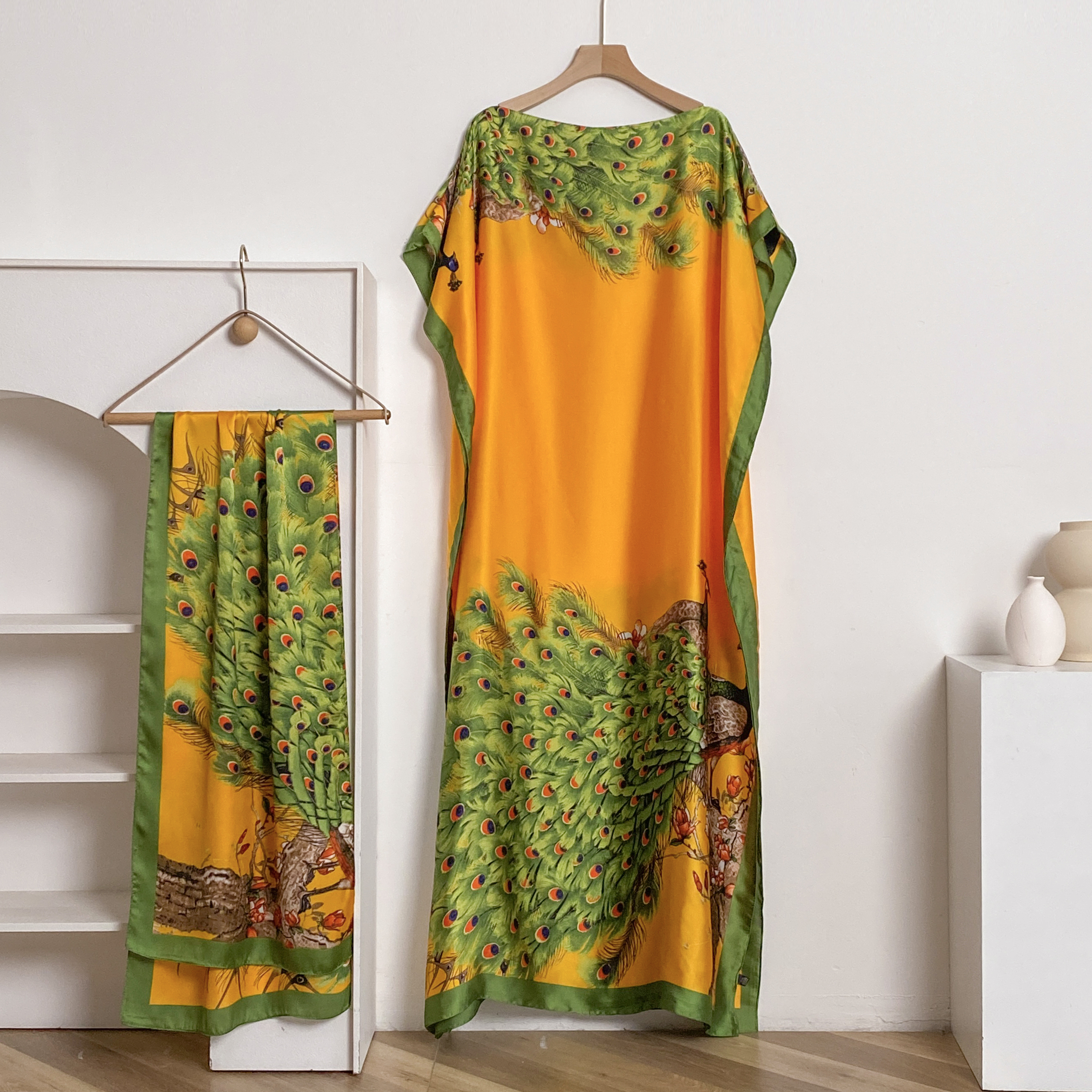 Robe Maxi Décontractée avec Grande Écharpe pour Femme, Kaftan Musulman, Africain, Châle Paon, Été, Dubaï, Turquie, Abaya, Nouvelle Mode
