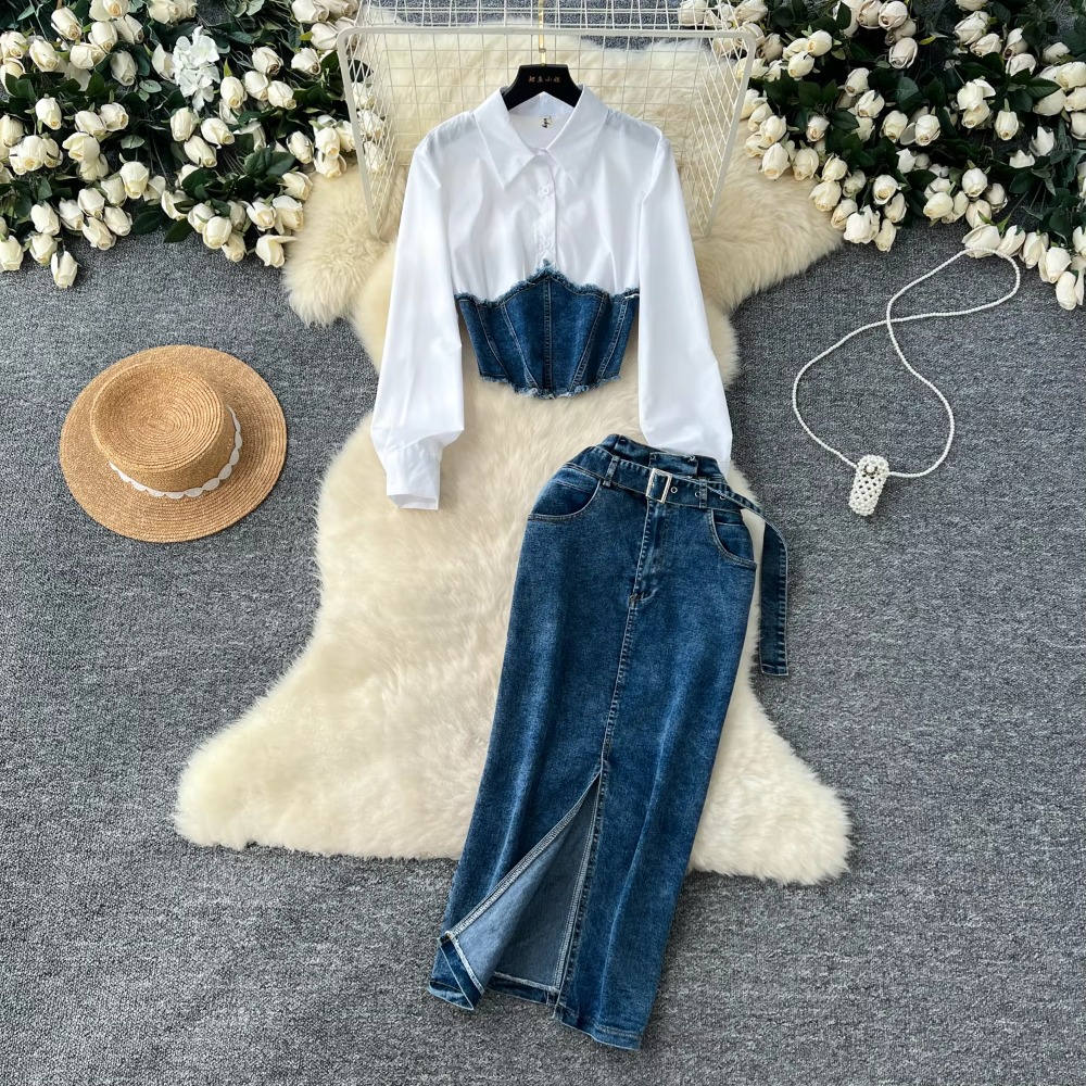 Ensemble deux pièces Vintage pour femmes, col rabattu, chemise épissée de Cowboy et jupe fendue taille haute, vêtements coréens de rue, automne