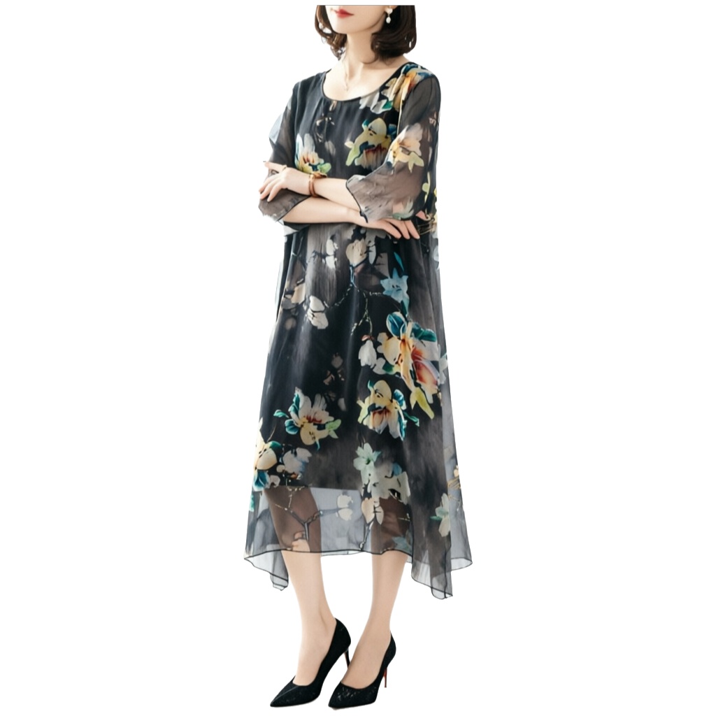 Robe midi grande taille pour mères d'âge moyen, nouveau style d'été, robe en tulle, cache-ventre, amincissante, jupe trapèze, décontractée et confortable
