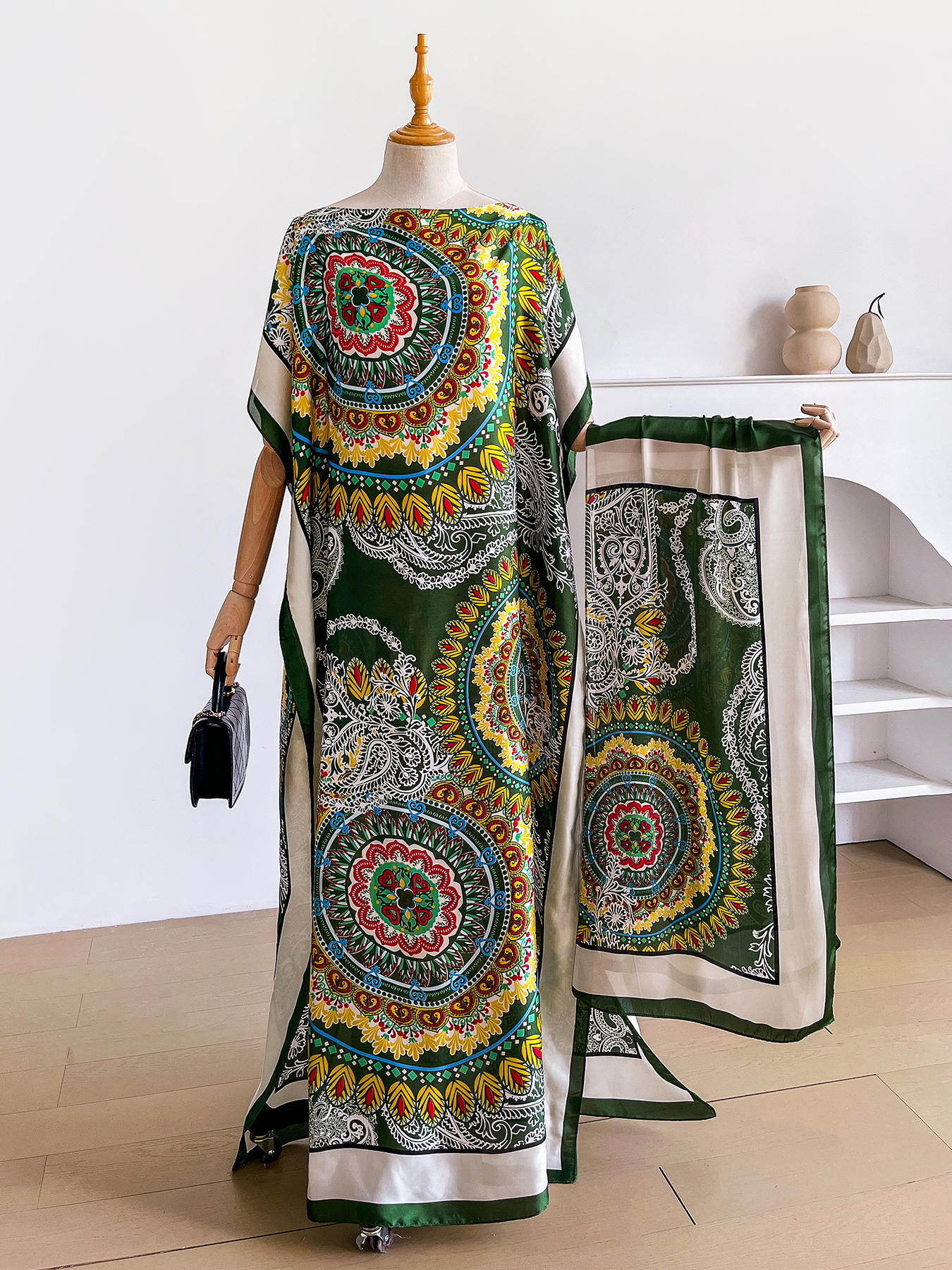 Abaya Dubai à imprimé mandala paisley avec foulard assorti, col bateau, manches chauve-souris, kaftan maxi ample pour femmes musulmanes africaines