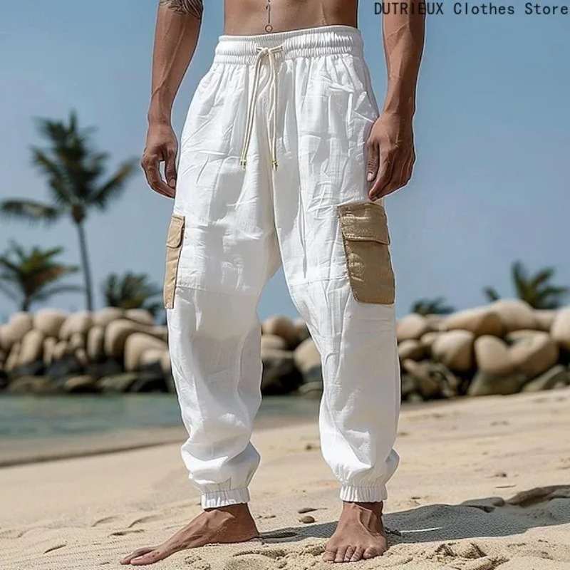 Pantalons en coton et lin pour hommes, pantalons décontractés respirants doux et confortables, pantalons de travail pour hommes de rue et de vacances à la mode
