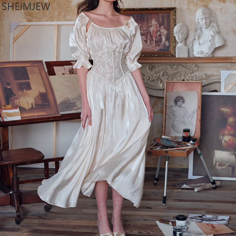 Mode français élégant palais Style dentelle couture arête de poisson taille robe de soirée robe de bal blanc Sexy dames quotidien perle robe