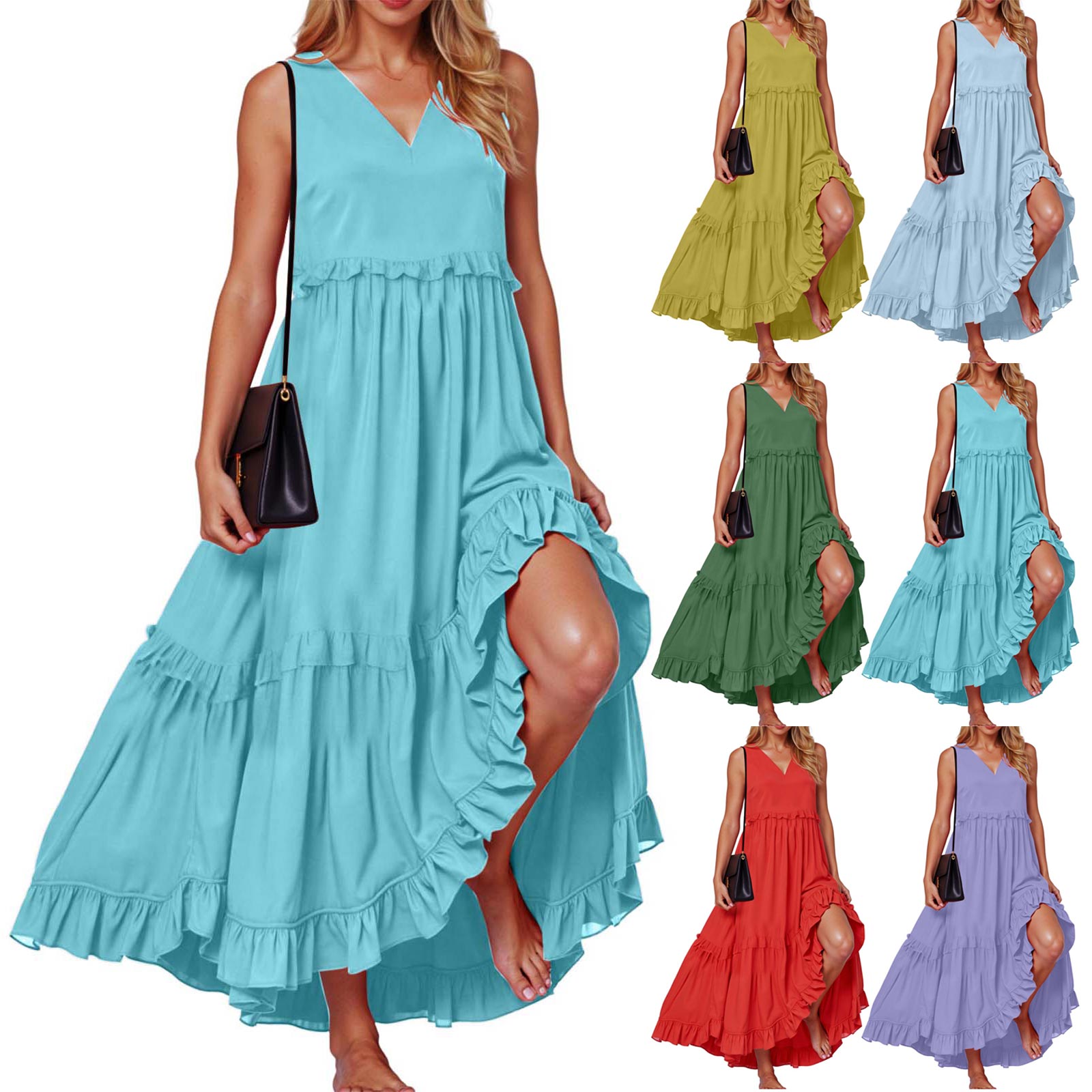 Femmes Boho volants Robe longue été élégant sans manches plage Robe d'été couleur unie Maxi fête robes de soirée Robe Swing Robe