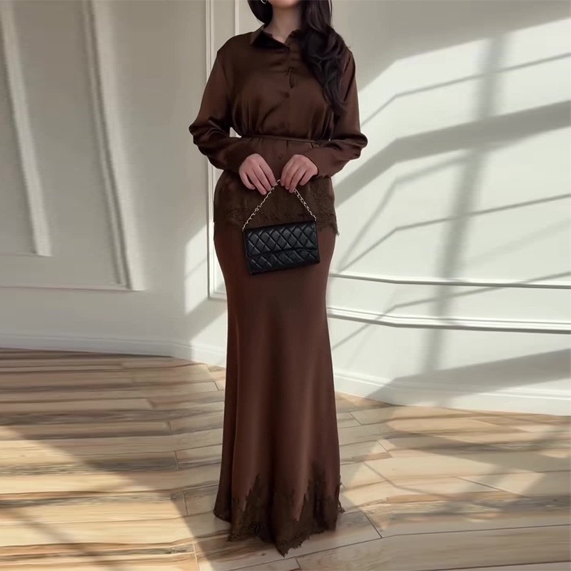 Ensembles deux pièces pour femmes : Hauts à manches longues sexy en dentelle à col rabattu et jupes longues taille haute, style Y2K streetwear élégant pour le travail