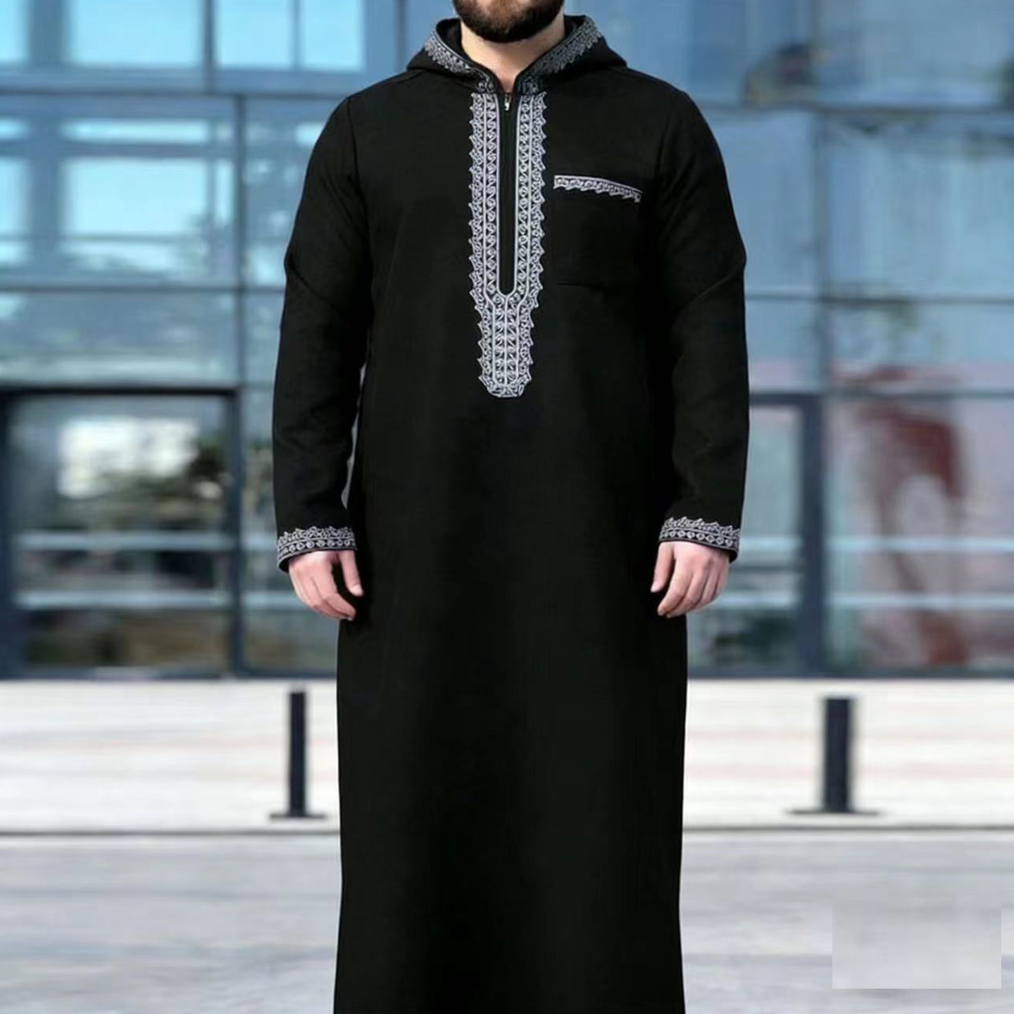 Thobe pour hommes musulmans, à capuche, brodé, à manches longues, ample, djellaba, vêtements islamiques traditionnels pour les fêtes, la prière du Ramadan.