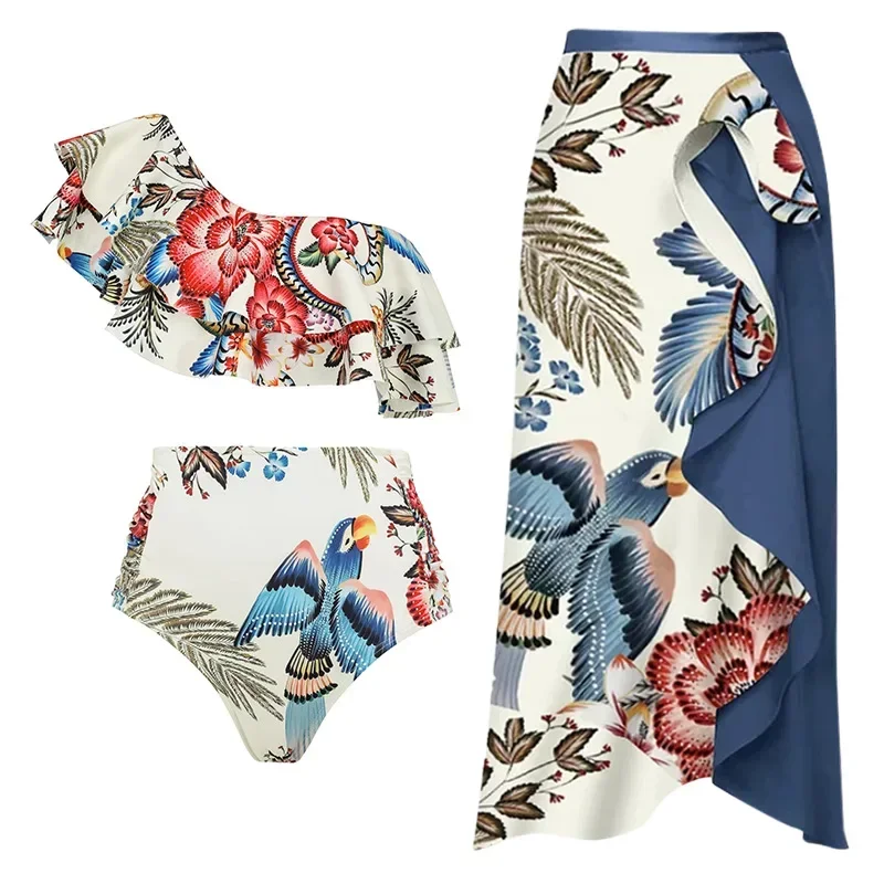 Bikini femme imprimé à volants maillot de bain une épaule Slash boutonnage Bikini deux pièces taille haute ventre Tuck maillots de bain nouveau