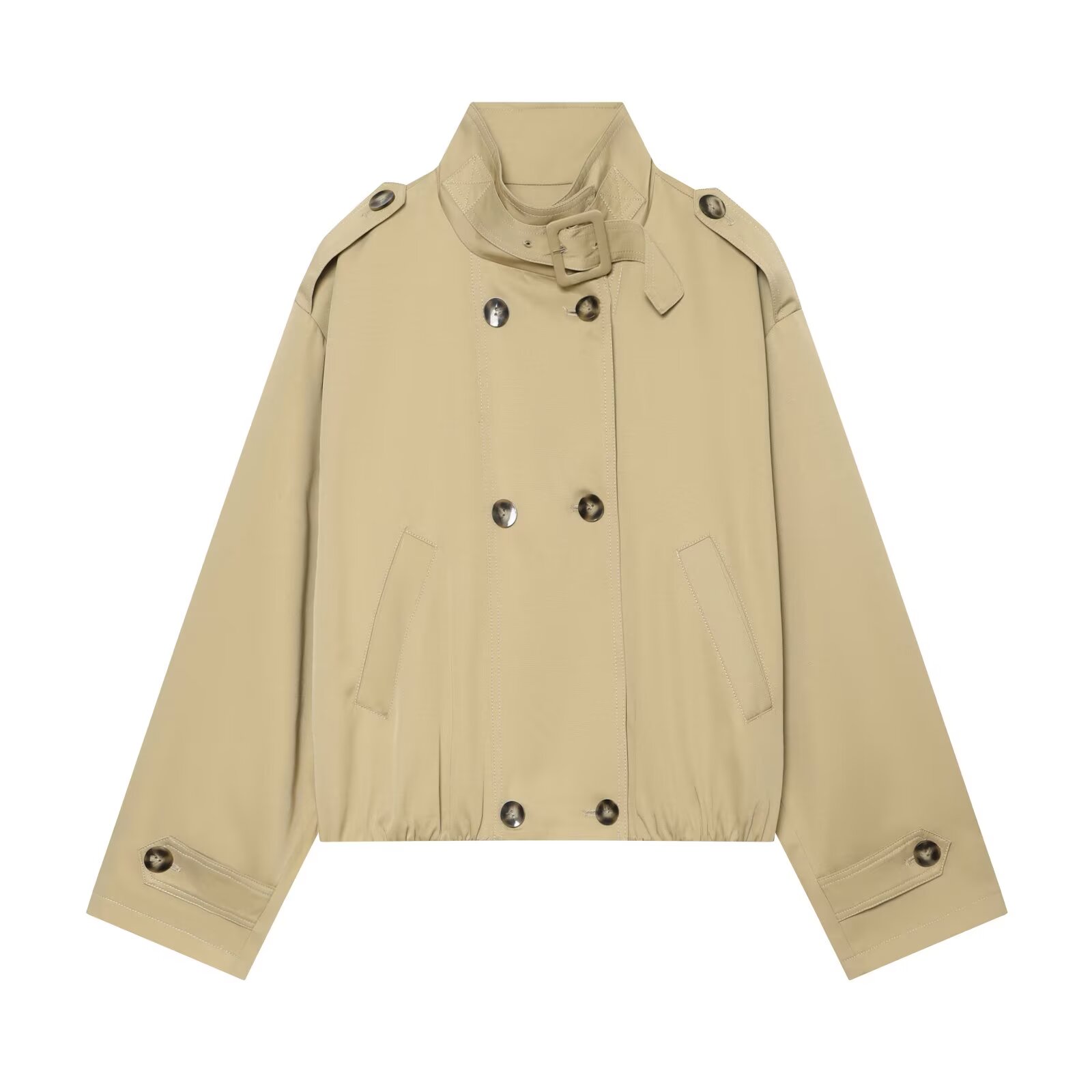 BSAY Manteau Trench Court Femme Printemps Automne, Style Décontracté, Col Montant, Double Boutonnage, Coupe Ample, Avec Poches et Épaulettes