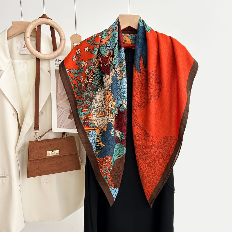 Écharpe carrée 90x90 cm pour femmes, style coréen, imprimé floral, imitation laine, châle élégant et chaud pour l'automne et l'hiver.