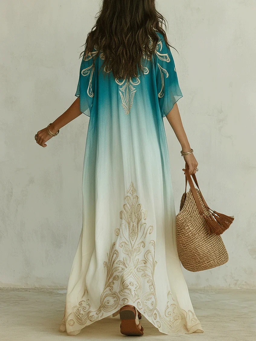 Robe élégante pour femmes en mousseline de soie, imprimé dégradé rétro, col en V profond, double couche, fluide, décontractée, style bohème, vêtements d'été