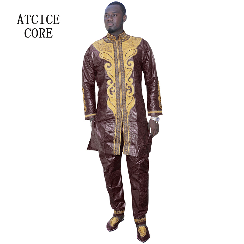 Vêtements africains pour hommes, ensemble traditionnel Bazin Riche brodé, haut à manches longues, 3 pièces