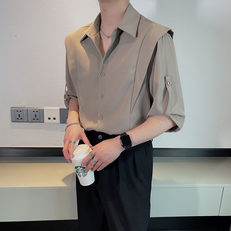 Chemise homme en soie glacée premium, manches 3/4, look élégant pour le travail ou le week-end, confortable et infroissable, chemisier unisexe à empiècements