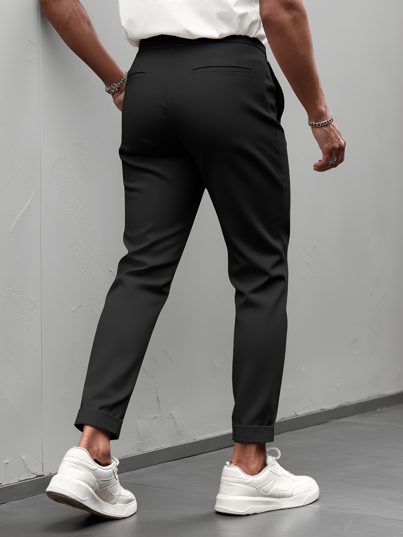 Pantalon de costume plissé à taille haute et revers pour homme, coupe courte, en polyester, viscose et élasthanne, style décontracté chic, noir et beige