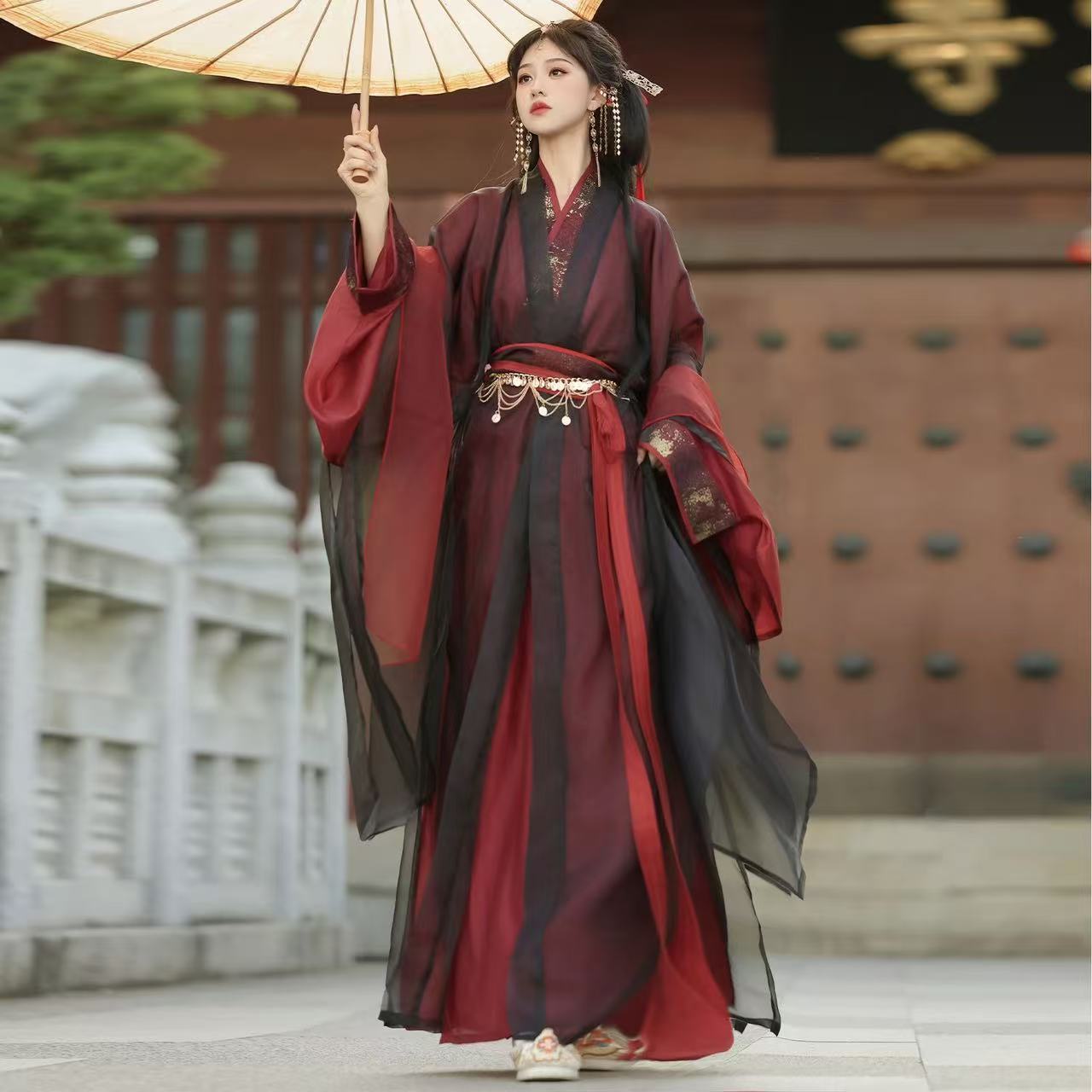 Robe longue traditionnelle Hanfu pour femmes, période de guerrier pré-ancienne, noire et rouge, classique, soldat Mulan, vêtements de Cosplay pour Halloween