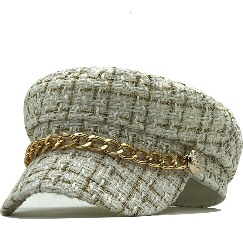 Casquette en laine pour femmes, chapeau plat, élégant, solide, chaîne en métal, chaud, streetwear décontracté, automne hiver