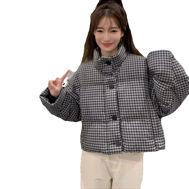 Nouvelle veste courte matelassée en coton à carreaux pour femme, version coréenne épaissie, col montant, style manteau duveteux