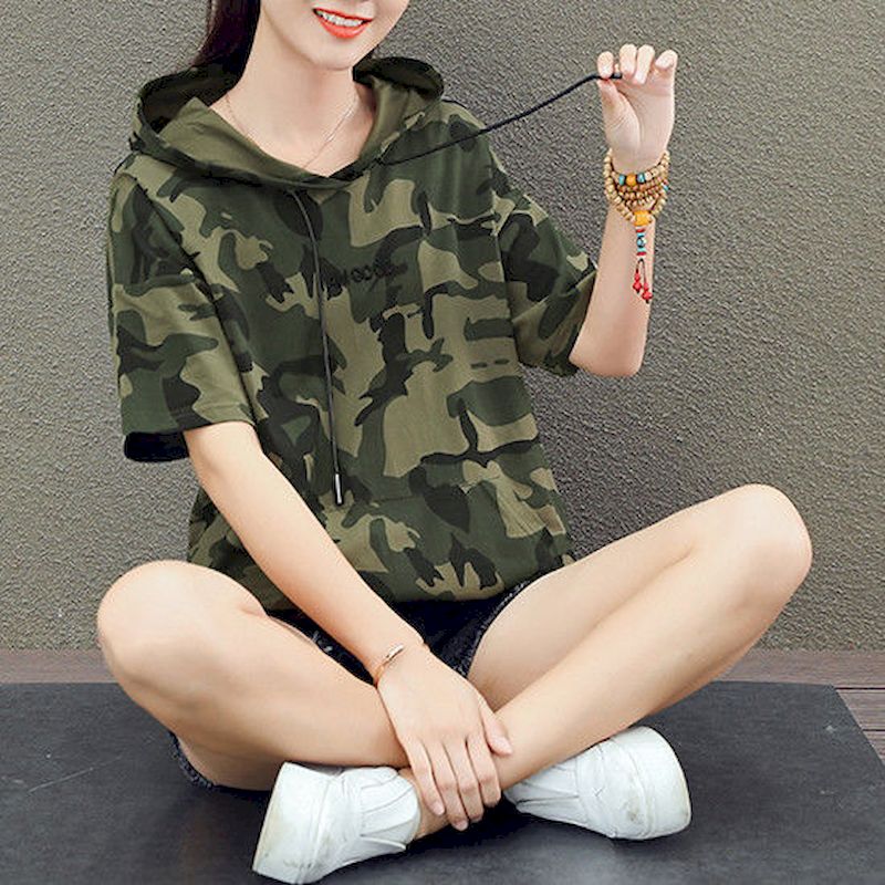 T-shirt à Capuche en Coton à Manches Courtes pour Femme, Uniforme d'Étudiant Fin, Style Coréen, Été