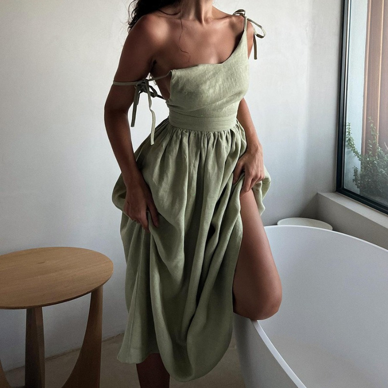 Robe Femme Style Plage Vintage Ample Coupe A-line à Bretelles 2026 Printemps-Été Sexy Hot Girl 100% Coton Col en V