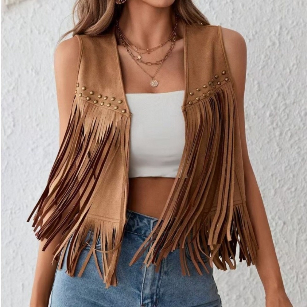 Gilet rétro à franges tendance avec détails rivetés, veste ouverte style western, noir/marron, sans manches, pour femme