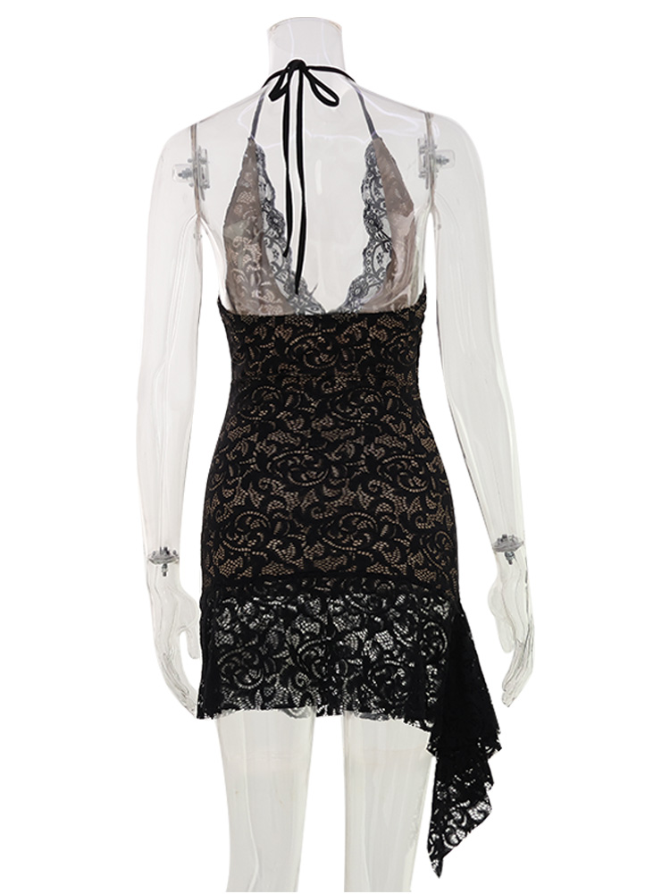 CNYISHE Robe fourreau moulante pour femme, en dentelle transparente, à dos nu, style licou, couleur unie, sexy, pour club et soirée
