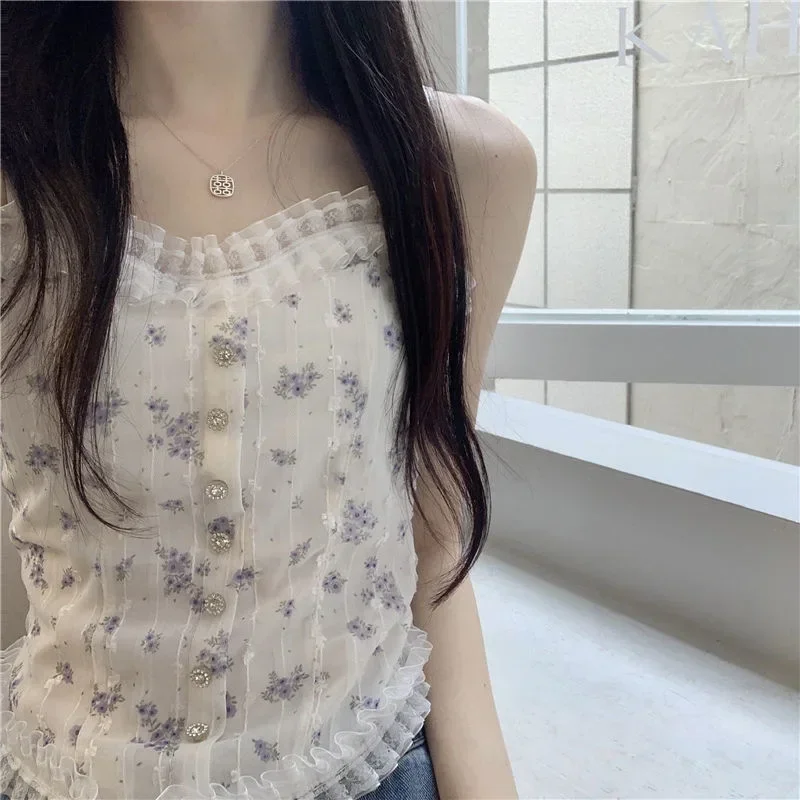 Camisole à ourlet d'oreille en bois floral français pour femmes, vêtements d'extérieur pour femmes avec dos en dentelle respirante, beaux sous-vêtements pour l'été