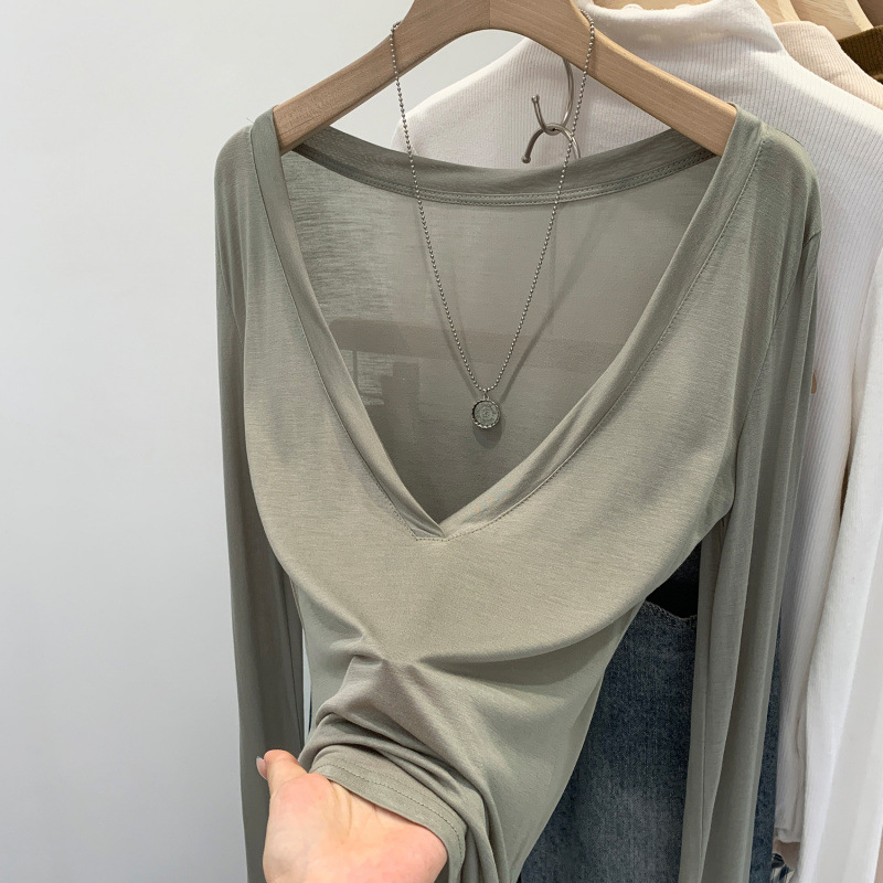 Nouveau T-shirt léger d'été pour femme à col en V et manches longues en fibre de Lyocell, chemise de base, protection solaire, coupe ajustée, polyvalent