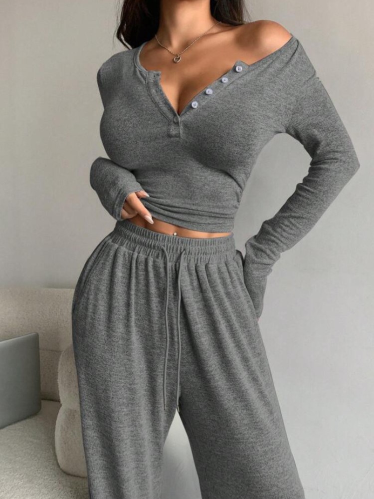 Ensemble 2 pièces pour femme, tenue décontractée et élégante, haut à manches longues boutonné de couleur unie, pantalon taille haute, printemps automne